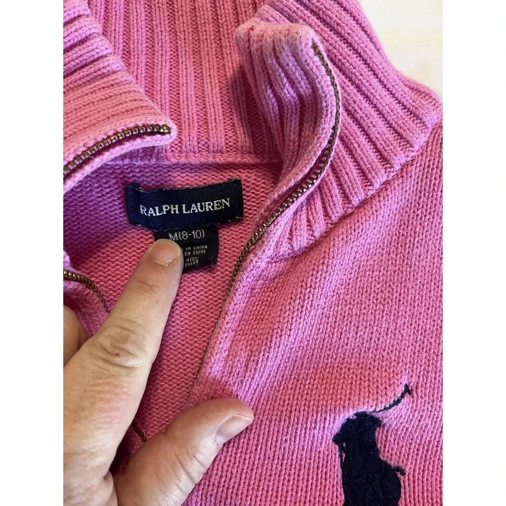Ralph Lauren Girls Pink Full Zip Sweater Size M Rib Knit Collar Preppy